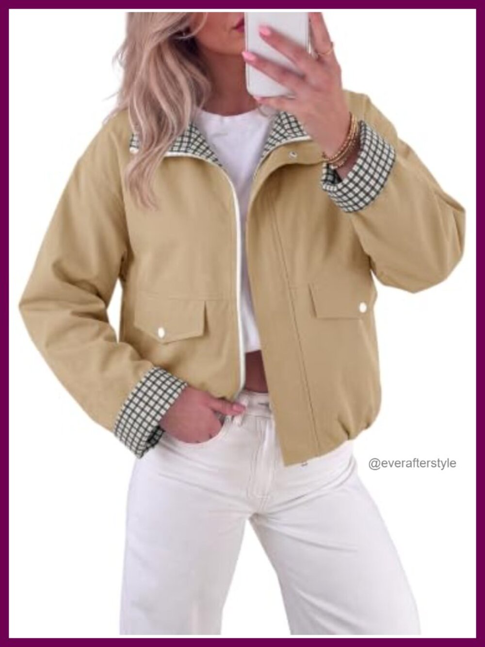 Womens Cropped Bomber Jacket Lightweight Plaid Lined Fall Zip Snap Pockets